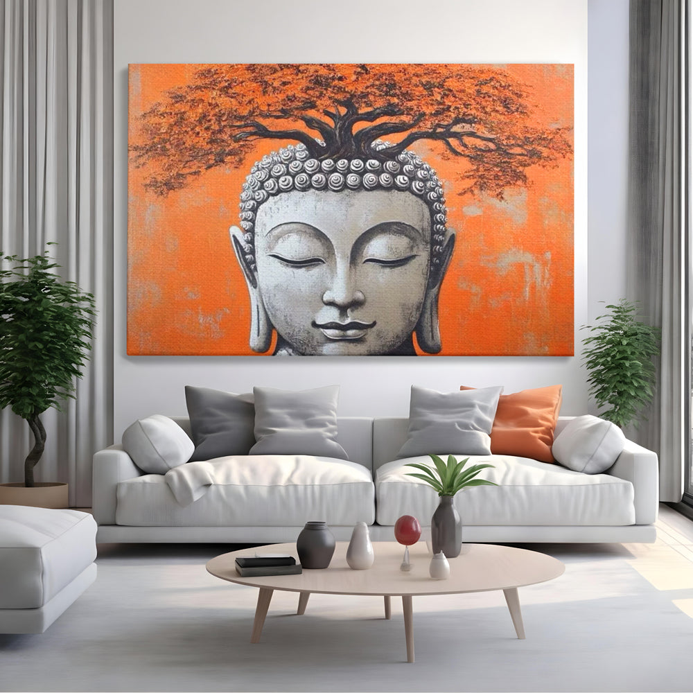 Tablou canvas cu tablou canvas cu capul lui buddha si copac, fara rama, pe sasiu de lemn, pe perete intr-un living